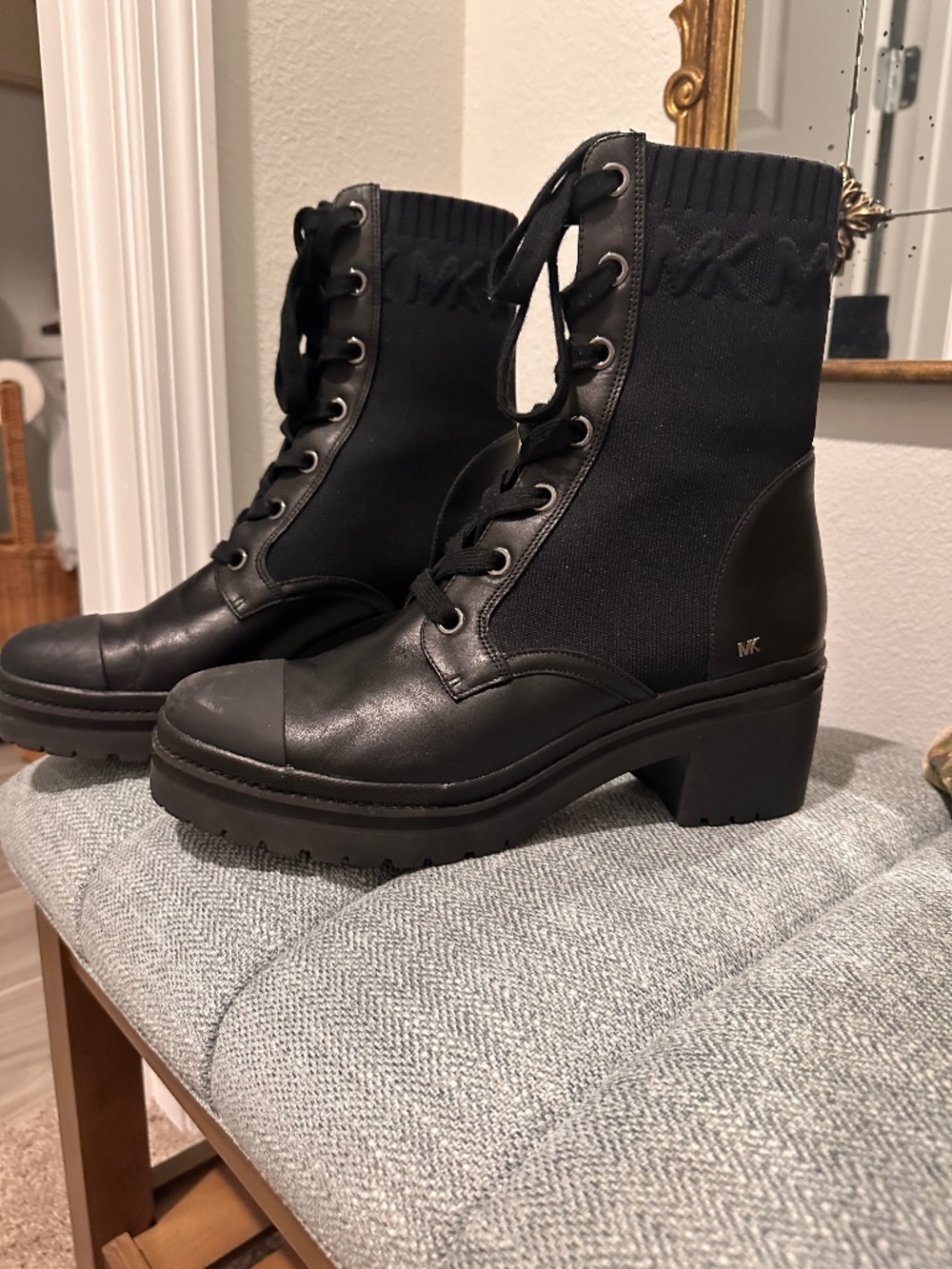 Michael Kors Brea Black Leather Knit Combat Boots Size 11